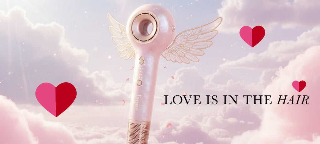 A winged, pink L'ange Axia™ HaloRing™ hair dryer floating in a dreamy cloud-filled sky with pink hearts and the text "LOVE IS IN THE HAIR."