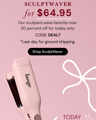 Promotional “8 Days of Deals” graphic on a pink background featuring the L’ange SculptWaver hair tool. A week-style date strip appears at the top with Wednesday the 17th highlighted. Text reads: "8 DAYS OF DEALS", "SCULPTWAVER for $64.95", "Our sculpted wave favorite now 30 percent off for today only.", "CODE: DEAL7", "*Last day for ground shipping.", "Shop SculptWaver", and "TODAY ONLY" Below there is a "Shop SculptWaver" button