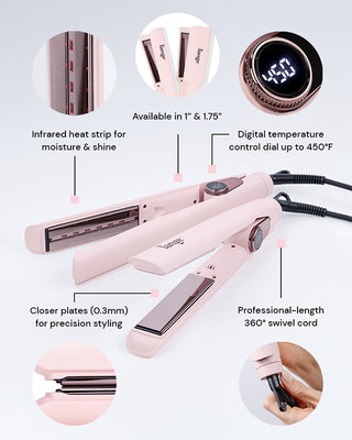 Pink hair straightener featuring infrared heat strips for moisture and shine, available in 1" and 1.75" sizes, with digital temperature control up to 450°F, closer plates for precision styling, and a 360° swivel cord.