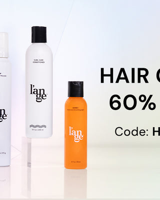 Four L'ange hair care products on display with a promotion for 60% off using the code HAIR60.