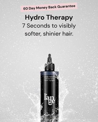 A black bottle of l’ange Hydro Therapy hair treatment is depicted with water splashes, highlighting its quick action for softer, shinier hair, and a 60-day money-back guarantee.