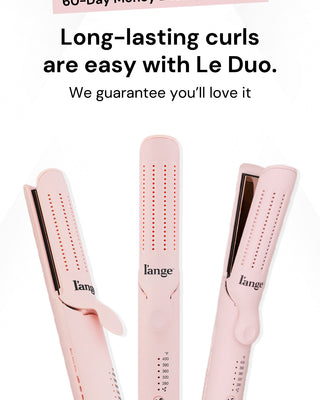 Pink hair styling tools from L’ange, described as making long-lasting curls easy, with a 60-day money-back guarantee.