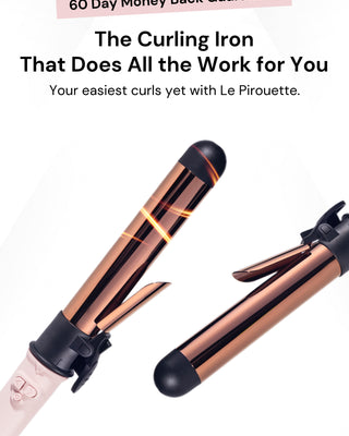 A curling iron with a sleek design, featuring the text "60 Day Money Back Guarantee" and highlighting its ease of use with Le Pirouette.