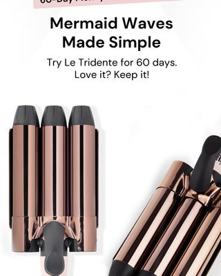 Advertisement for a hair styling tool called Le Tridente, featuring a copper-colored three-barrel design, with a 60-day money-back guarantee.