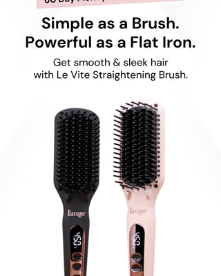 Two sleek hair straightening brushes, one black and one pink, each with digital temperature displays, promise smooth and sleek hair with a 60-day money-back guarantee.