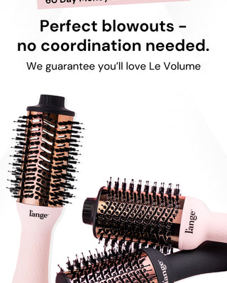 Advertisement for Le Volume hair styling tools, featuring a 60-day money-back guarantee and highlighting easy, perfect blowouts without coordination.