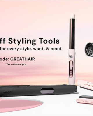 A promotional banner offering 30% off styling tools, featuring a curling wand, hair dryer, and flat iron with the code "GREATHAIR" highlighted against a soft pink background.