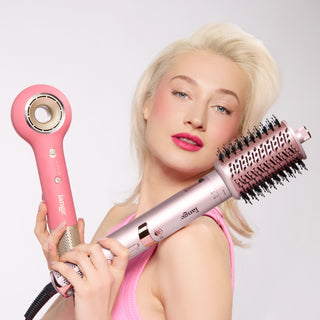 model with smooth styled hair posing with L'ange new hair dryers TurboStyle and Axia