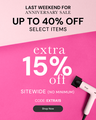 Promotional Banner. Text reads "Last Weekend for Anniversary Sale. Up to 40% Off Select Items. Extra 15% Off Sitewide (no minimum). CODE: EXTRA15" Below there is a "SHOP NOW" button