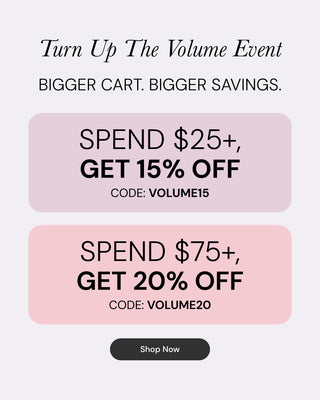 Promotional Banner. Text reads "Turn Up The Volume Event" with the subheader "BIGGER CART. BIGGER SAVINGS" The ad features two tiered discount offers "Spend $25+, GET 15% OFF with code VOLUME15, and Spend $75+, GET 20% OFF with code VOLUME20" Below there is a "Shop Now" button