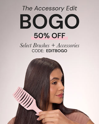 The Accessory Edit promotion featuring a "Buy One Get One 50% Off" offer on select brushes and accessories. Use code EDITBOGO. A woman uses a pink comb on sleek, straight hair.