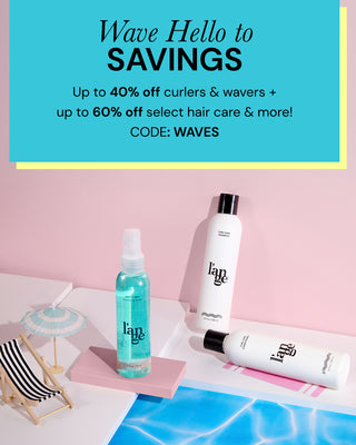 Summer-themed sale banner featuring L’ange hair care products by a poolside setup, promoting up to 40% off curlers and 60% off hair care with code "WAVES."