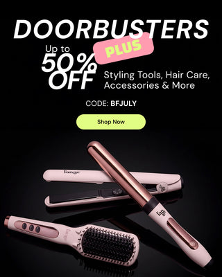 Promotional Banner. Text reads "Doorbusters + Up to 50% OFF. Styling tools, Hair care, Accessories & More. Code: BFJULY" Below there is a "Shop Now" button