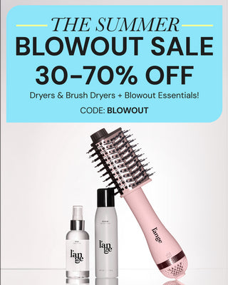 Promotional banner for “The Summer Blowout Sale” offering 30–70% off dryers, brush dryers, and blowout essentials. The text includes “CODE: BLOWOUT” on a light blue background. Below, there’s a pink L’ange brush dryer along with two L’ange haircare products placed on a white surface.