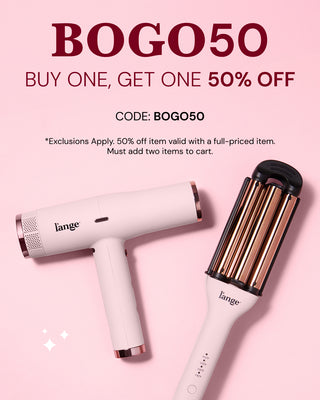 Promotional banner for BOGO50 sale. Text reads “BUY ONE, GET ONE 50% OFF. CODE: BOGO50.” Small print notes “Exclusions apply. 50% off item valid with a full-priced item. Must add two items to cart.”