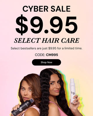 Promotional banner. Text reads "CYBER SALE $9.95 SELECT HAIR CARE. Select bestsellers are just $9.95 for a limited time. CODE: CM995" Below there is a "Shop Now" button