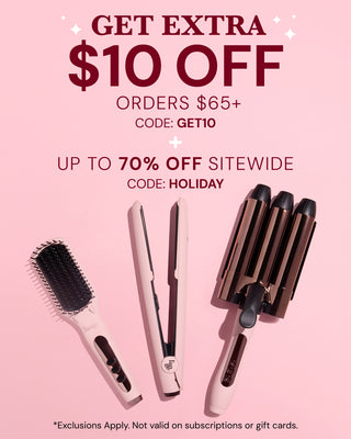 Promotional Banner. Text reads "GET EXTRA $10 OFF ORDERS $65+. CODE: GET10 + UP TO 70% OFF SITEWIDE. CODE: HOLIDAY" "*Exclusions Apply. Not valid on subscriptions or gift cards"