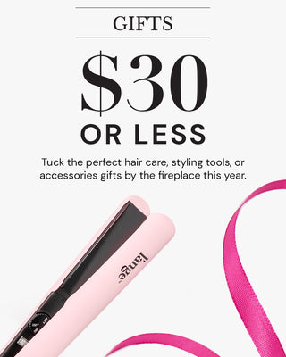 Promotion for gifts priced at $30 or less, featuring a pink hair straightener and a pink ribbon.
