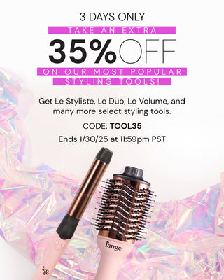 Promotional banner offering a three-day, 35% discount on popular styling tools, featuring images of a curling iron and hot air brush with the code TOOL35, valid until January 30, 2025.