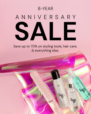 8-year anniversary sale advertisement featuring various hair styling and care products, offering up to 70% off, displayed on a vibrant pink and iridescent background.