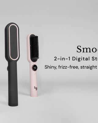 The image shows a collection of 2-in-1 digital straightening combs, featuring a sleek design with a temperature display, alongside text promoting shiny, frizz-free, straight hair.