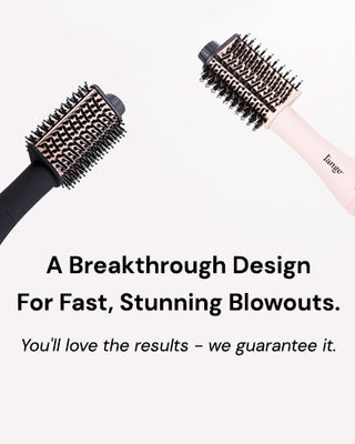 Two hair styling brushes with a modern design are shown alongside text promoting fast, effective blowouts with a satisfaction guarantee.