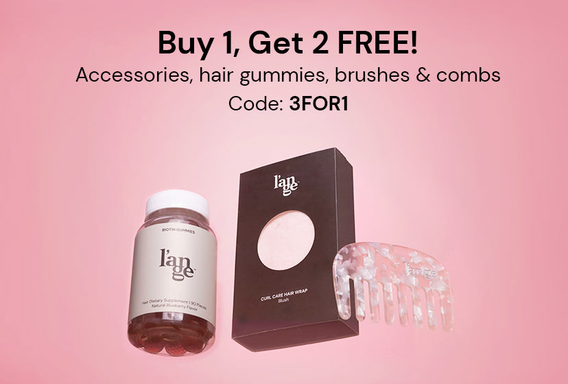 Promotional offer for "Buy 1, Get 2 Free" featuring hair accessories, gummies, and combs with the code "3FOR1" against a pink background.