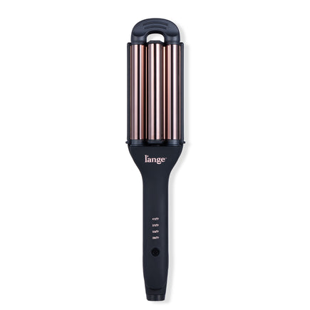 A black and rose gold triple-barrel curling iron with a digital temperature display on the handle.
