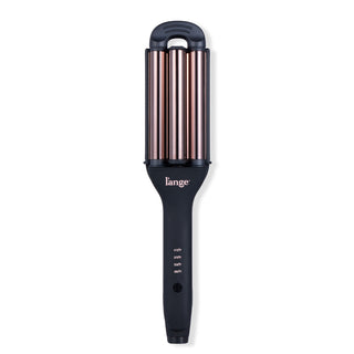 A black and rose gold triple-barrel curling iron with a digital temperature display on the handle.