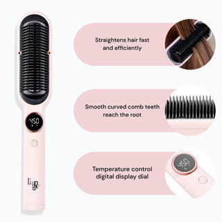 Hair straightening brush with digital temperature control, featuring smooth curved comb teeth for root access.
