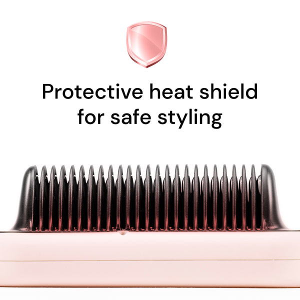 Close-up view of a hair styling tool with heat-resistant bristles, accompanied by the text "Protective heat shield for safe styling" and an icon of a pink shield.