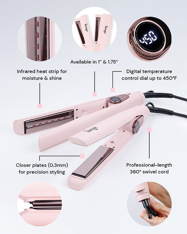 Pink hair straightener featuring infrared heat strips for moisture and shine, available in 1" and 1.75" sizes, with digital temperature control up to 450°F, closer plates for precision styling, and a 360° swivel cord.
