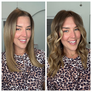 Side-by-side comparison showcasing a person with sleek, straight hair on the left and voluminous, wavy hair on the right, wearing a leopard print top.