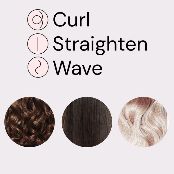 3 drawings labeled curl, straighten, & wave are above images of curly, straight, & wavy real hair.