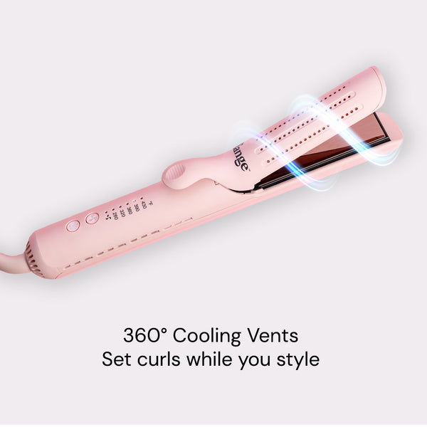 Overlay reads, “360° cooling vents set curls while you style,” under a blush Le Duo with swirls.