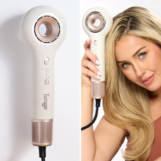 Split image showing close-up of Axia off-white ionic hair dryer and model holding dryer against off-white background