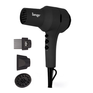 black L'ange hair dryer with three included attachments (comb, concentrator, diffuser) displayed beside it.