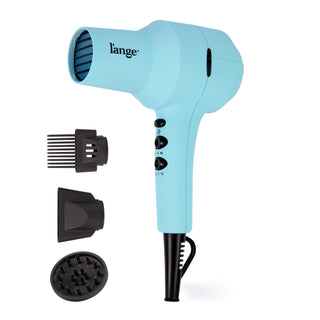blue L'ange hair dryer with three included attachments (comb, concentrator, diffuser) displayed beside it.