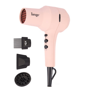 pink L'ange hair dryer with three included attachments (comb, concentrator, diffuser) displayed beside it.