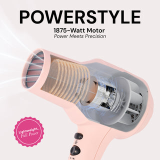 Cutaway illustration of a pink hair dryer revealing internal heating coil and motor components, with text "POWERSTYLE," "1875-Watt Motor," "Power Meets Precision," and a badge reading "Lightweight, Full Power."