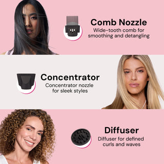 Image showing three L’ange hair dryer attachments with models demonstrating results: comb nozzle for smoothing and detangling, concentrator nozzle for sleek styles, and diffuser for defined curls and waves.