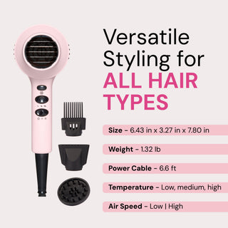 Pink L’ange hair dryer with three styling attachments, shown alongside text highlighting features: versatile styling for all hair types, size 6.43 x 3.27 x 7.80 in, weight 1.32 lb, 6.6 ft power cable, three temperature settings (low, medium, high), and two air speed options (low/high)