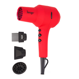 red L'ange hair dryer with three included attachments (comb, concentrator, diffuser) displayed beside it.