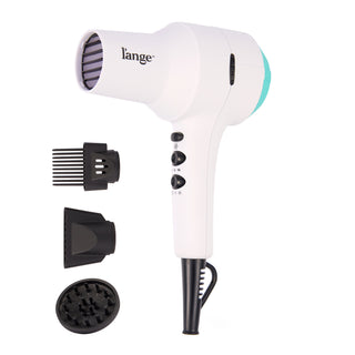 white L'ange hair dryer with three included attachments (comb, concentrator, diffuser) displayed beside it.
