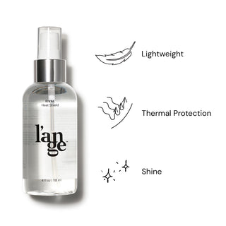 L’ange Rival Heat Shield spray; offers lightweight thermal protection and shine, in a 4 fl oz (118 ml) clear bottle with a pump dispenser.