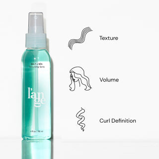 L'ange Salt + Séa Texturizing Spray, 4 oz, provides texture, volume, and curl definition, depicted with illustrative icons.