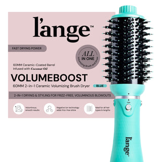 L'ange Volume Boost 60MM 2-in-1 Ceramic Volumizing Brush Dryer in blue, featuring a coconut oil-infused, ceramic-coated barrel. Offers fast drying power and frizz-free, voluminous blowouts with negative ion technology. Suitable for all hair types and lengths.