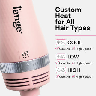 Pink hairdryer with customization options for all hair types, featuring cool, low, and high heat settings.