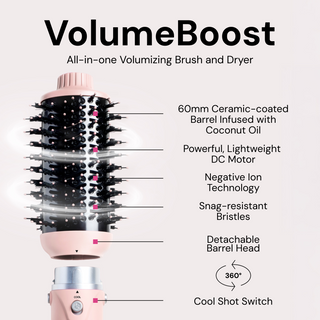 VolumeBoost all-in-one volumizing brush and dryer features a 60mm ceramic-coated barrel with coconut oil infusion, powerful lightweight DC motor, negative ion technology, snag-resistant bristles, detachable barrel head, and a cool shot switch.