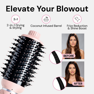 2-in-1 hair styling tool showcasing a coconut-infused barrel for drying and styling. Features icons highlighting frizz reduction and shine enhancement. Includes before-and-after visuals demonstrating improved hair appearance.